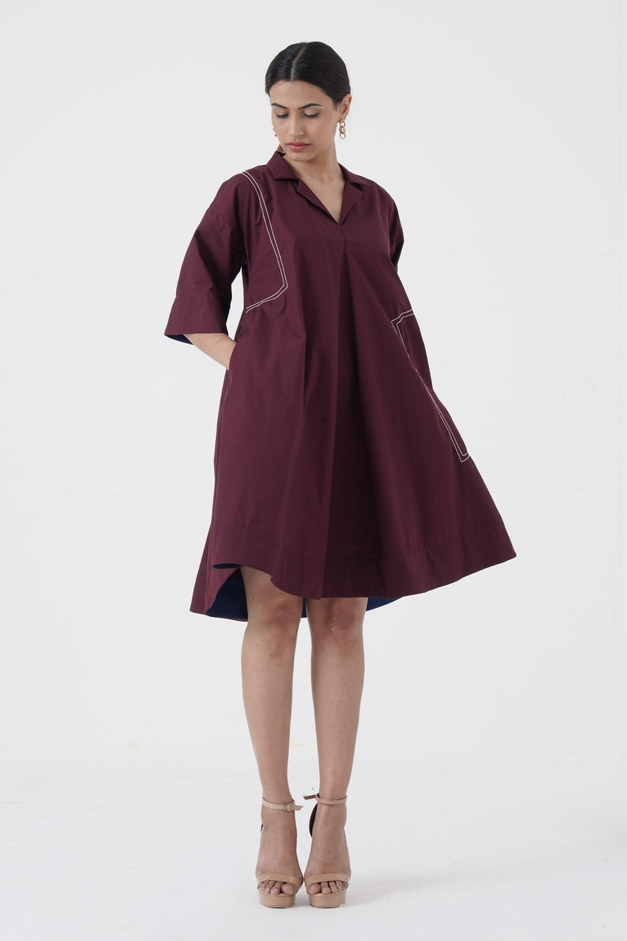 A Model Wearing Multicolor Pure Cotton Dynamic- Notch Collar frock- Wine, curated by Only Ethikal