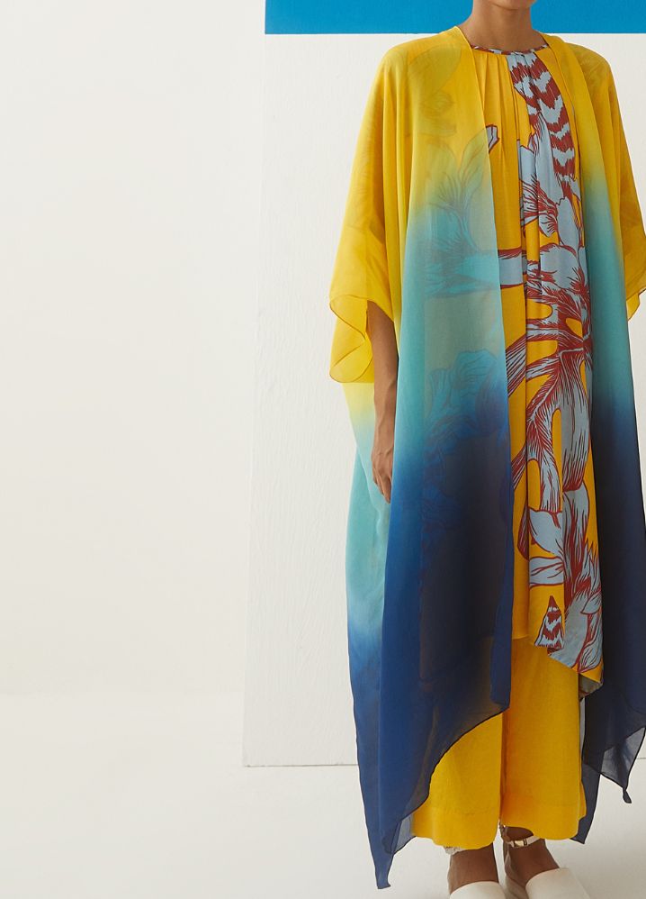 A Model Wearing  Multicolor Bemberg Leheriya Organza Cape (Yellow/Blue/Dark Blue Ombre), curated by Only Ethikal