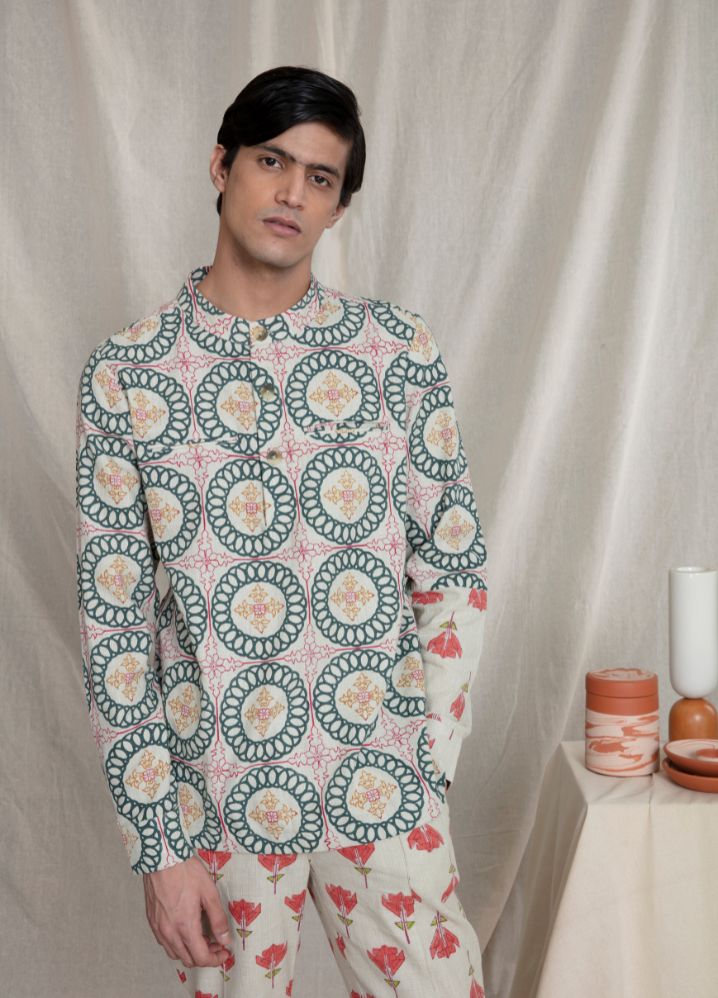 A model wearing Block Printed Multicolor Handwoven Cotton Pullover Shirt, curated by Only Ethikal