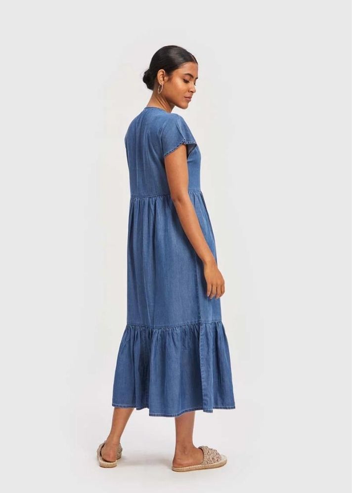A Model Wearing Blue Lyocell Tiered Shirt Dress Blue, curated by Only Ethikal