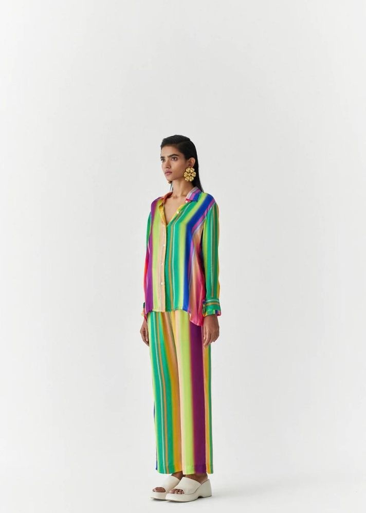 A Model Wearing Multicolor Organic Cupro Rainbow Shirt And Trousers Co-Ord, curated by Only Ethikal