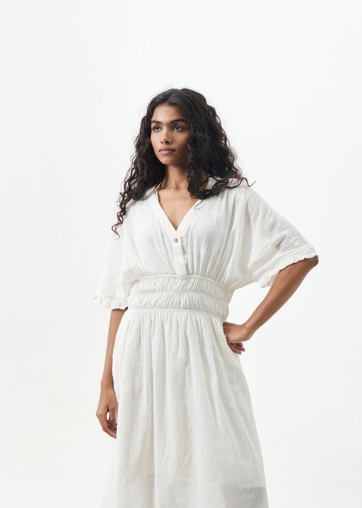 A Model Wearing White Handwoven Cotton Pure white midi dress, curated by Only Ethikal