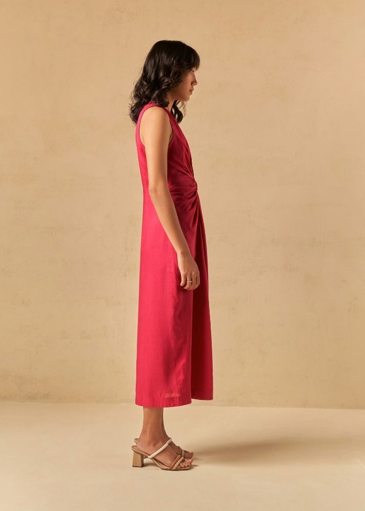 A Model Wearing Red Organic Cotton Sundown fitted lyocell dress, curated by Only Ethikal