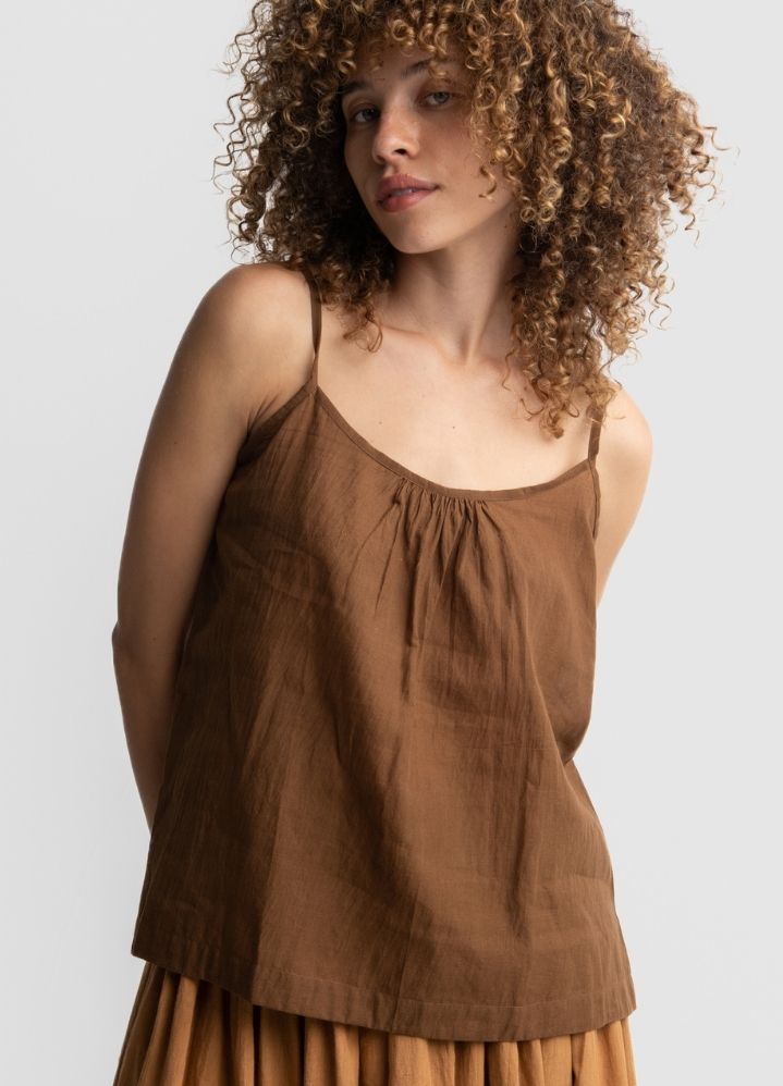 A Model Wearing Brown Handwoven Cotton Bombay brown cami top, curated by Only Ethikal