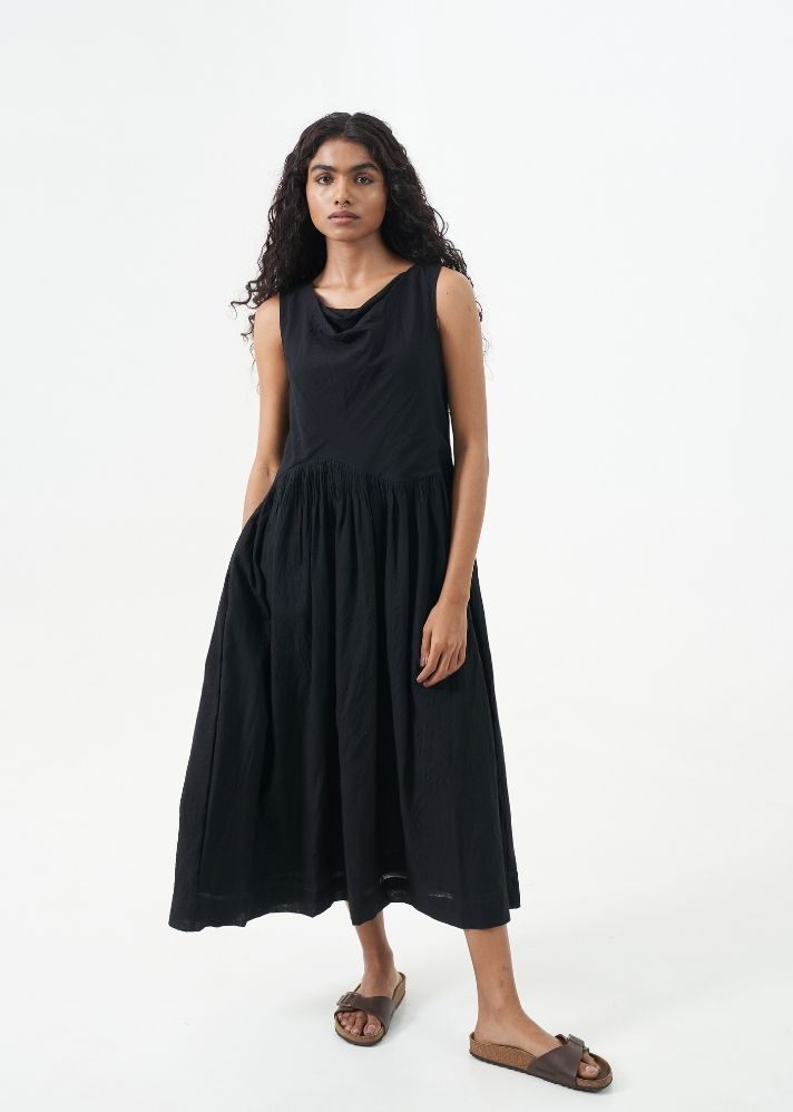A Model Wearing Black Handwoven Cotton Black cowl neck dress, curated by Only Ethikal