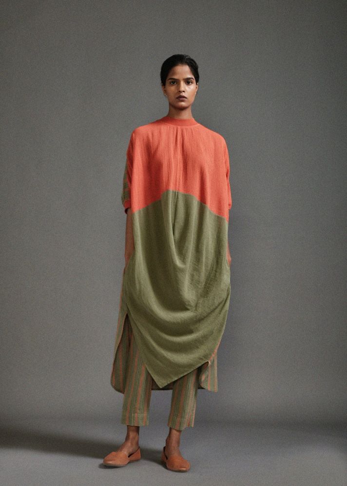 A Model Wearing Orange and green Handwoven Cotton Cb Cowl Tunic , curated by Only Ethikal