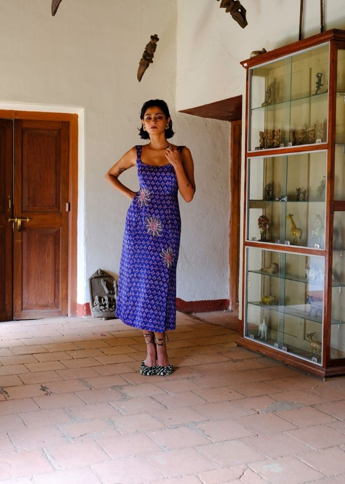 A Model Wearing Blue Silk Nur Dress, curated by Only Ethikal