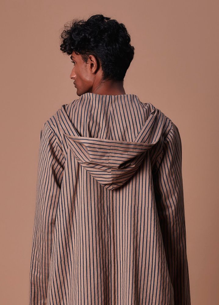 A Model Wearing  Striped Brown Pure Cotton Men's Brown Hooded Striped Kurta, curated by Only Ethikal