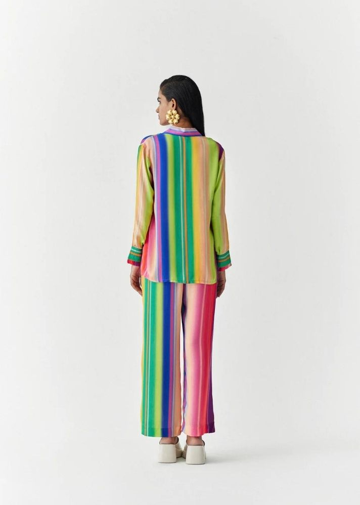 A Model Wearing Multicolor Organic Cupro Rainbow Shirt And Trousers Co-Ord, curated by Only Ethikal