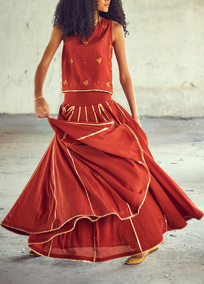 A Model Wearing Embroidered Red Pure Cotton Gerua Ghagra Set, curated by Only Ethikal