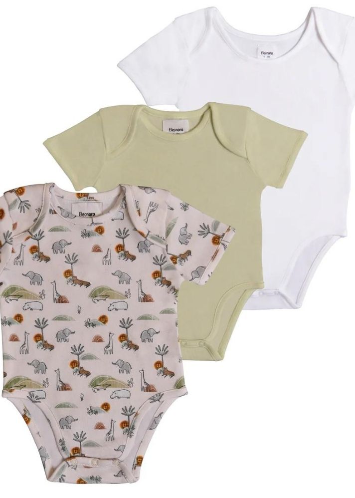 A Model Wearing Multicolor Organic Cotton 3-Pack Short Sleeve Organic Bodysuits - Safari Dreams, Meadow Mist Green And White, curated by Only Ethikal