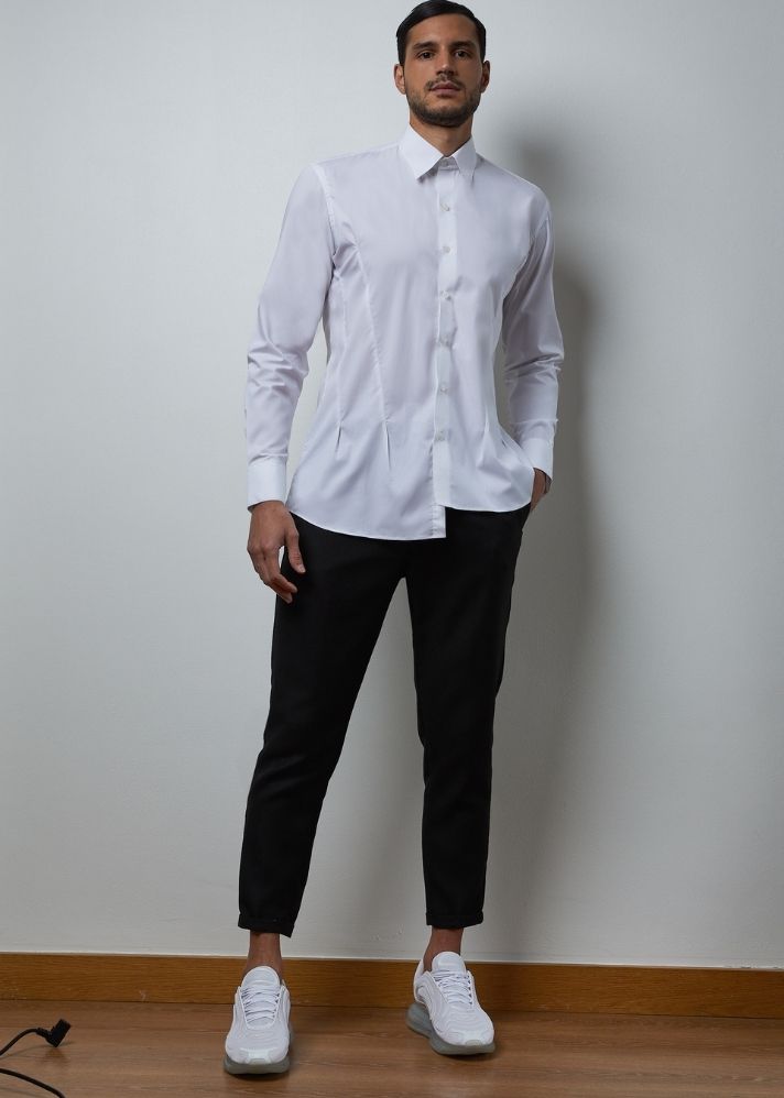 A Model Wearing White Pure Cotton THE JANNAT SHIRT, curated by Only Ethikal