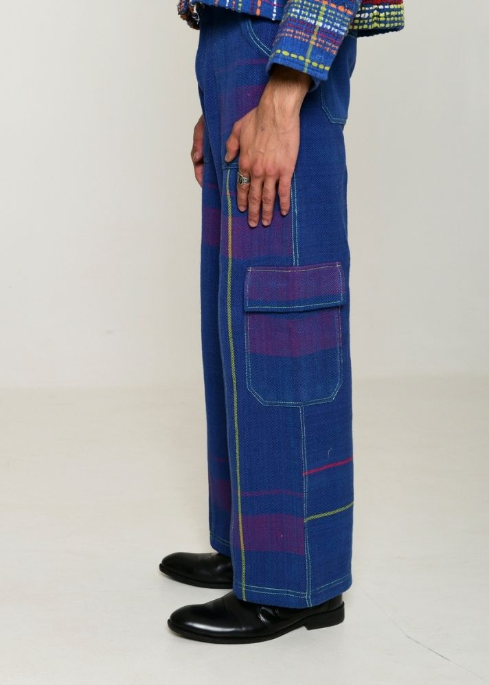 A Model Wearing Blue Handwoven Cotton Recycle Kota Indigo Cargo Pants, curated by Only Ethikal