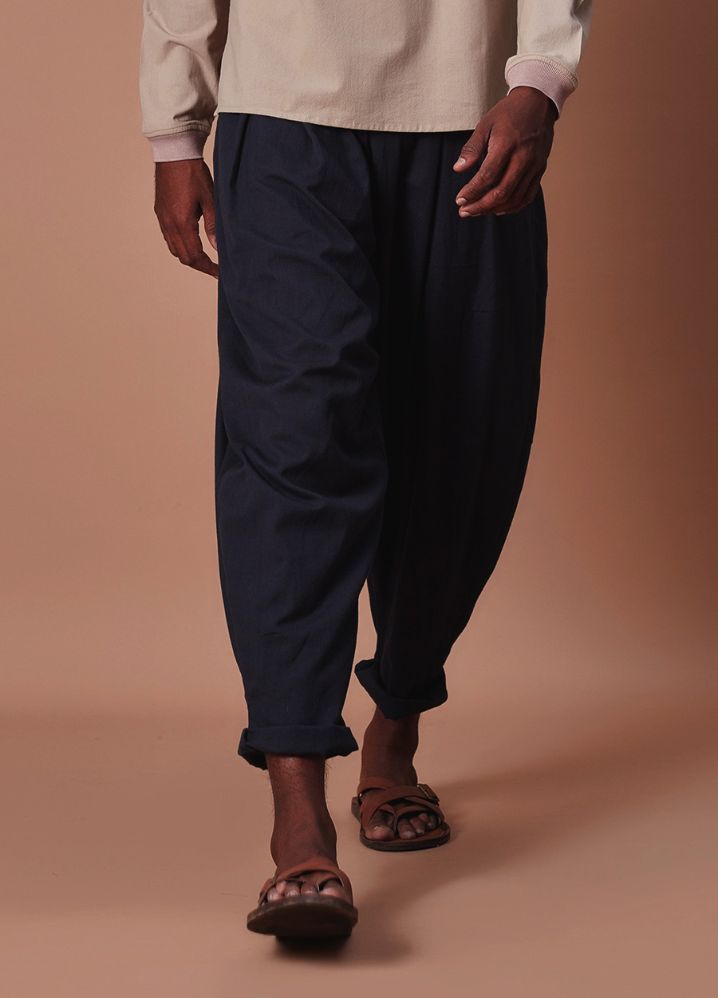A Model Wearing  Black Pure Cotton Men's Charcoal Pleated Balloon Pants, curated by Only Ethikal