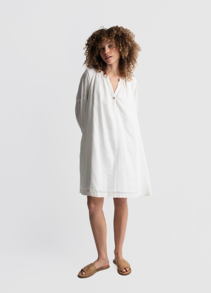 A Model Wearing White Handwoven Cotton Oversized white gathered dress, curated by Only Ethikal