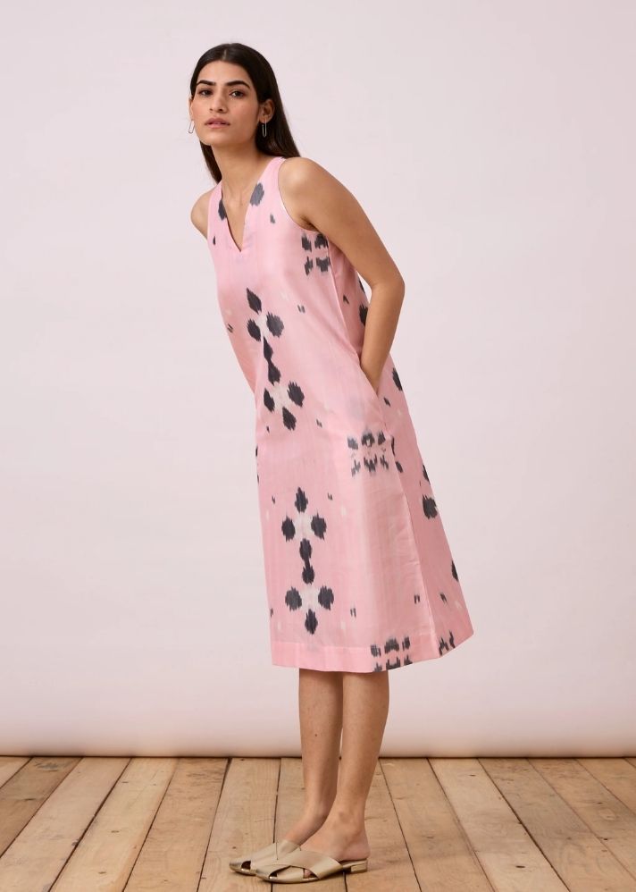 A Model Wearing Multicolor Handwoven Cotton Strand- Pink Ikat, curated by Only Ethikal