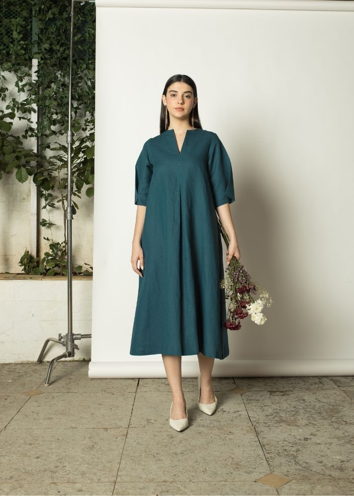 A Model Wearing Green Hemp Pleated A-Line Maxi, curated by Only Ethikal