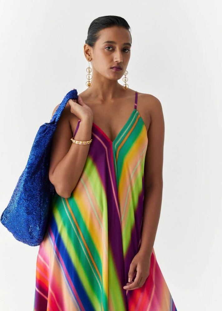 A Model Wearing Multicolor Organic Cupro Rainbow Strappy Dress , curated by Only Ethikal