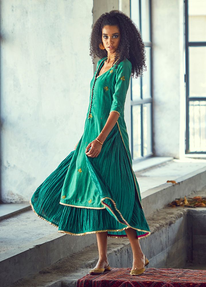 A Model Wearing Embroidered Green Pure Cotton Hara Choga (Set Of 2), curated by Only Ethikal