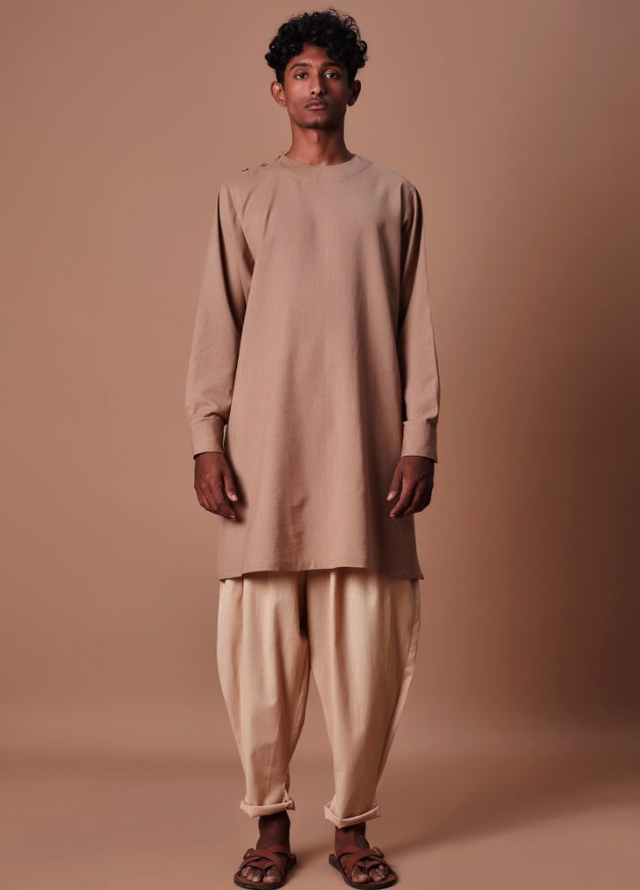 A Model Wearing  Beige Pure Cotton Brown Side Buttoned Kurta & Pant Set, curated by Only Ethikal