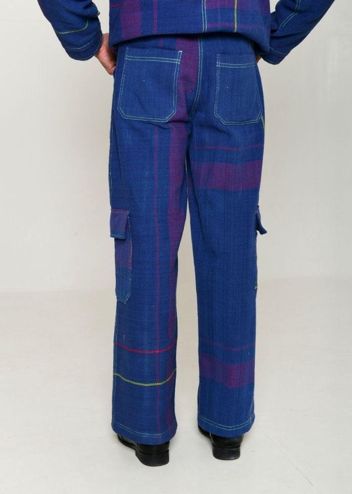 A Model Wearing Blue Handwoven Cotton Recycle Kota Indigo Cargo Pants, curated by Only Ethikal