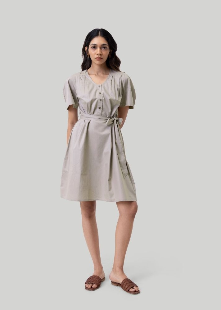 A Model Wearing Grey Pure Cotton Pleated Tent Dress Grey, curated by Only Ethikal
