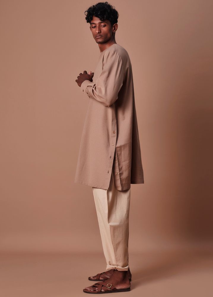 A Model Wearing  Beige Pure Cotton Brown Side Buttoned Kurta & Pant Set, curated by Only Ethikal