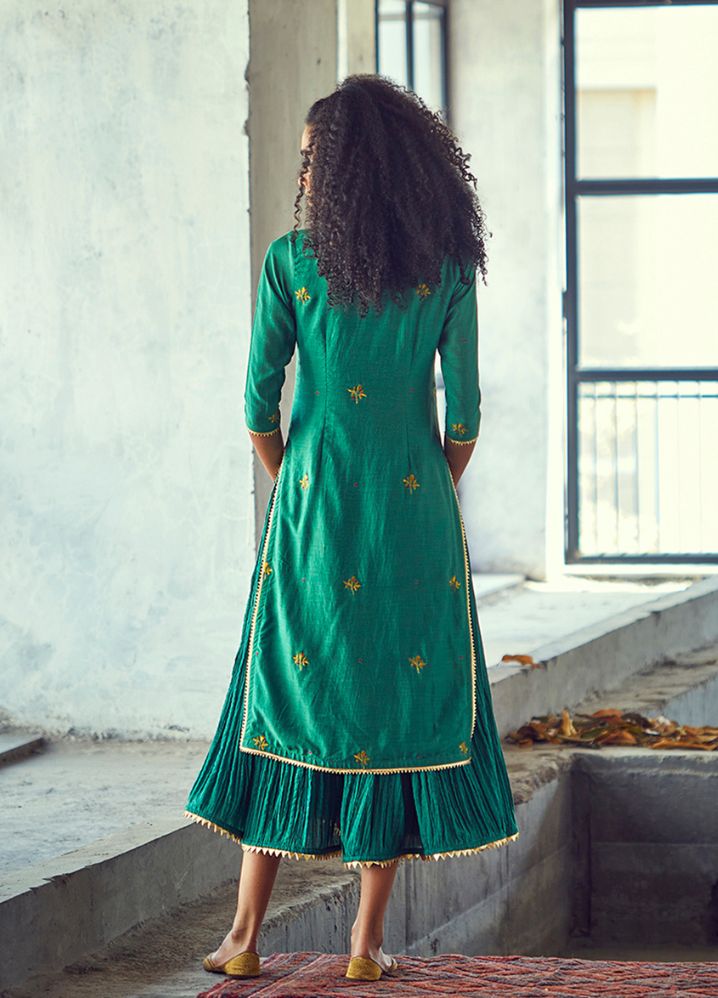 A Model Wearing Embroidered Green Pure Cotton Hara Choga (Set Of 2), curated by Only Ethikal