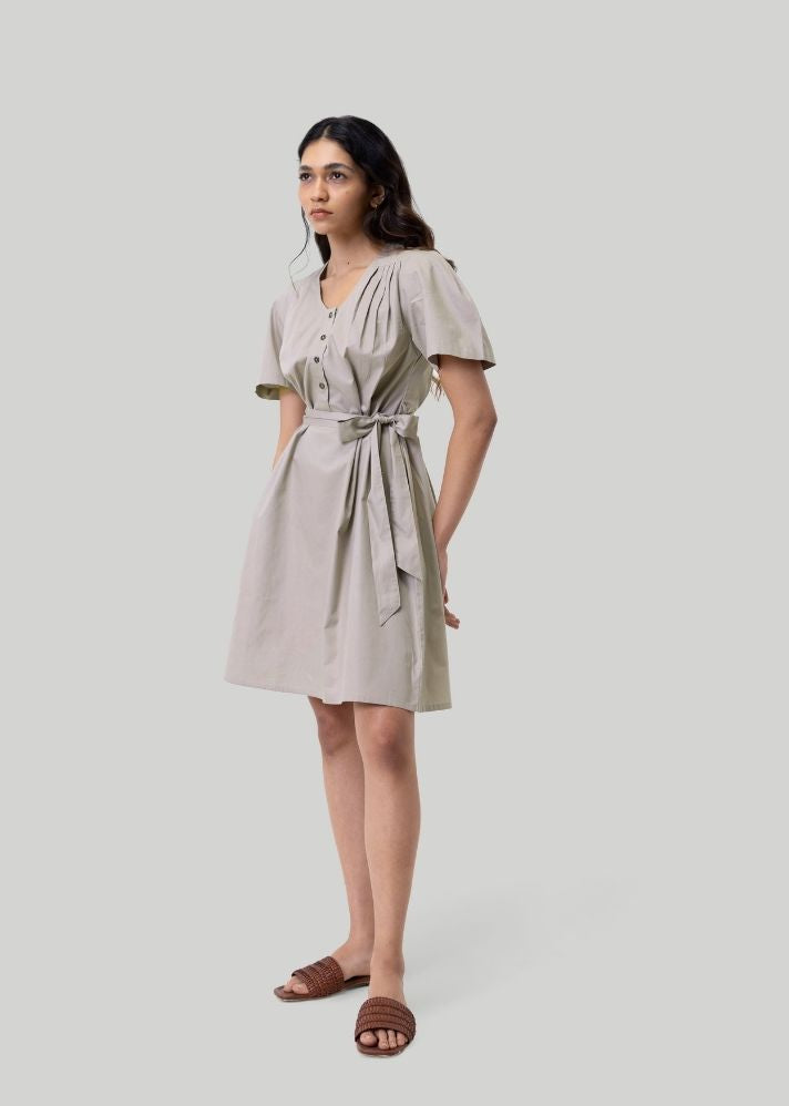 A Model Wearing Grey Pure Cotton Pleated Tent Dress Grey, curated by Only Ethikal