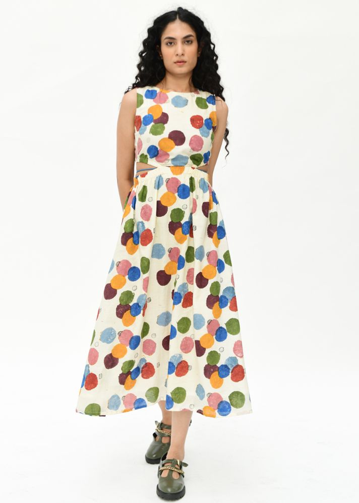A Model Wearing Multicolor  Organic Cotton  Void Side Space Dress , curated by Only Ethikal