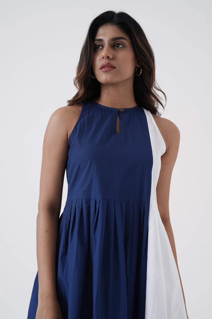 A Model Wearing Multicolor Pure Cotton Pristine- 70-30 Pleated dress- Blue, curated by Only Ethikal