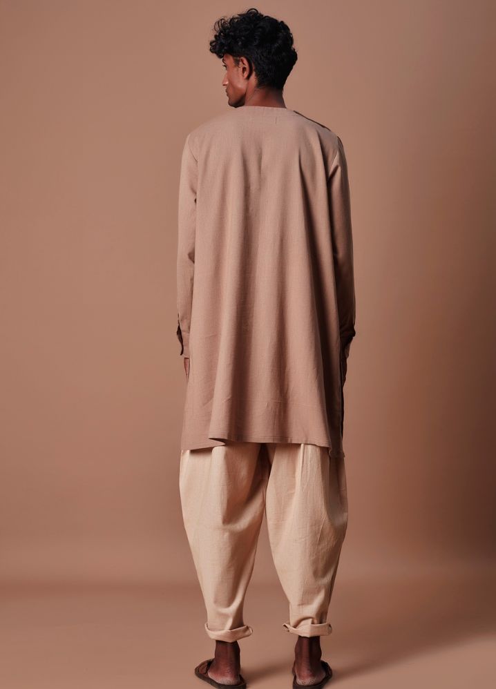 A Model Wearing  Beige Pure Cotton Brown Side Buttoned Kurta & Pant Set, curated by Only Ethikal