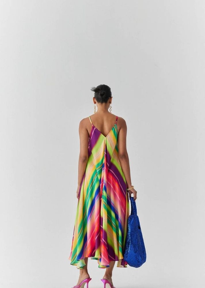 A Model Wearing Multicolor Organic Cupro Rainbow Strappy Dress , curated by Only Ethikal