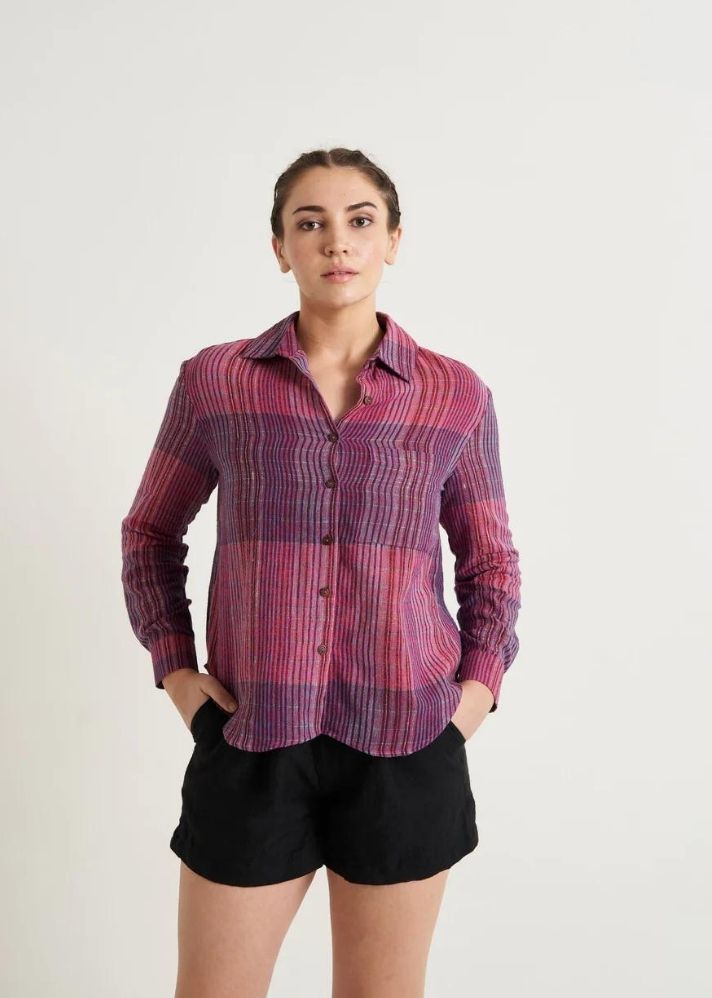 A Model Wearing Multicolor Handwoven Cotton Fuchsia relaxed fit shirt, curated by Only Ethikal
