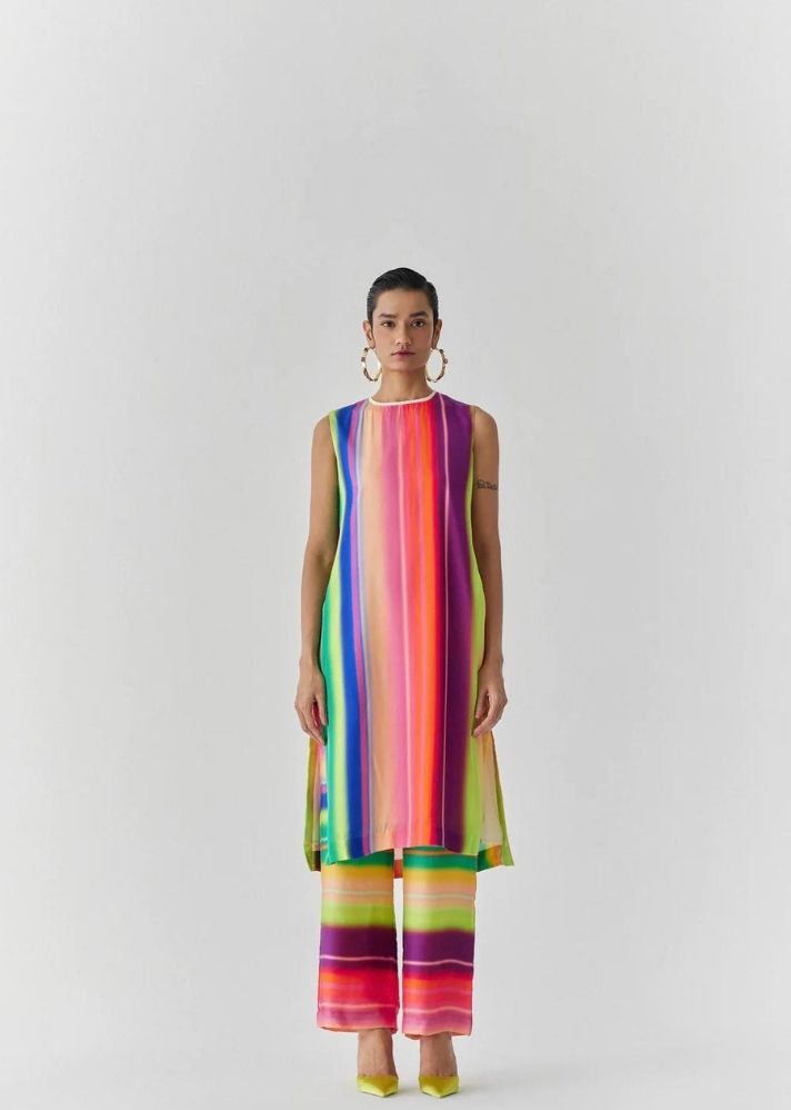 A Model Wearing Multicolor Organic Cupro Rainbow Kurta And Pants Co-Ord, curated by Only Ethikal