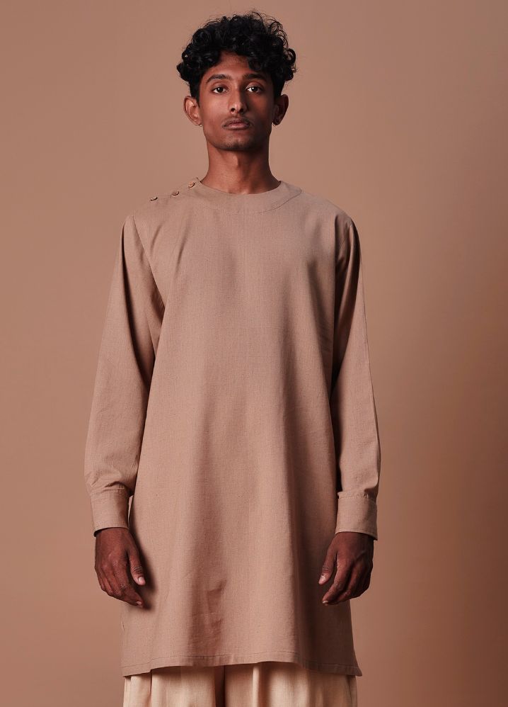 A Model Wearing  Beige Pure Cotton Brown Side Buttoned Kurta & Pant Set, curated by Only Ethikal