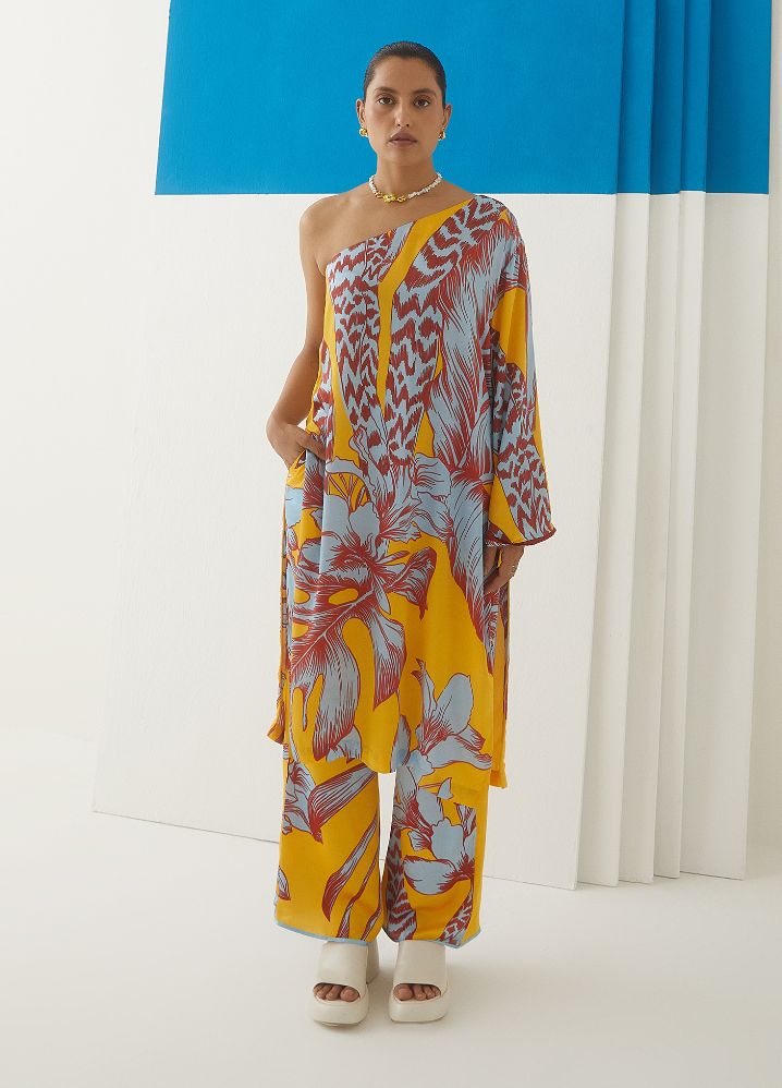 A Model Wearing  Multicolor Bemberg Tropical One Shoulder Kurta With Trousers, curated by Only Ethikal
