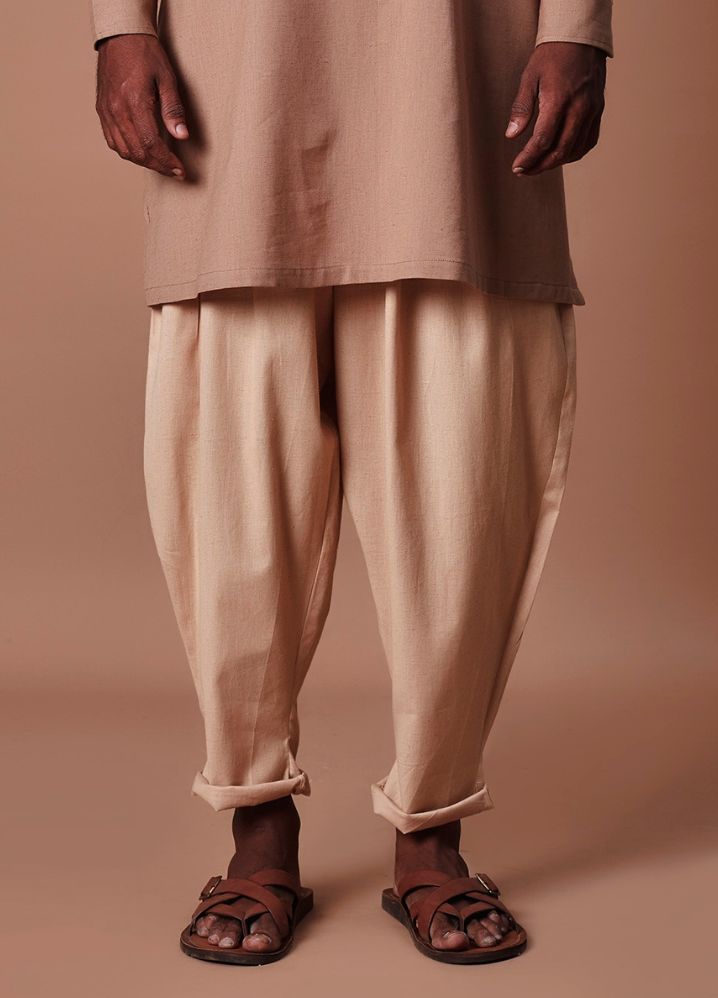 A Model Wearing  Beige Pure Cotton Brown Side Buttoned Kurta & Pant Set, curated by Only Ethikal