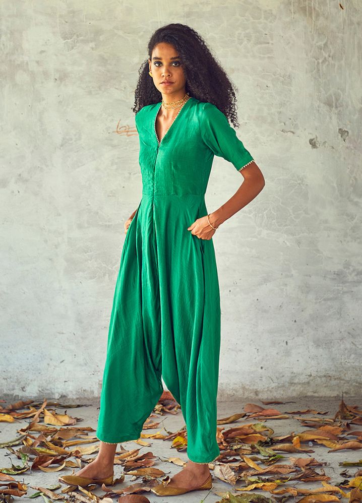 A Model Wearing Green Pure Cotton Neem Jumpsuit, curated by Only Ethikal