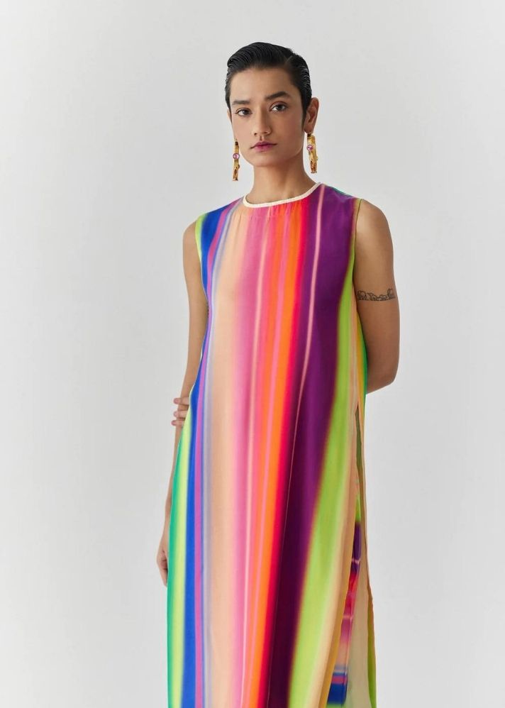 A Model Wearing Multicolor Organic Cupro Rainbow Kurta And Pants Co-Ord, curated by Only Ethikal