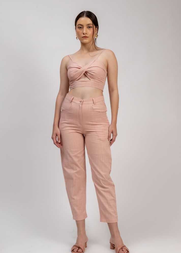A Model Wearing Pink Linen Maria Pink Pants, curated by Only Ethikal