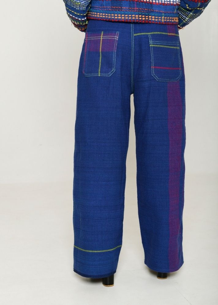 A Model Wearing Blue Handwoven Cotton Recycle Hideo Indigo Pants, curated by Only Ethikal