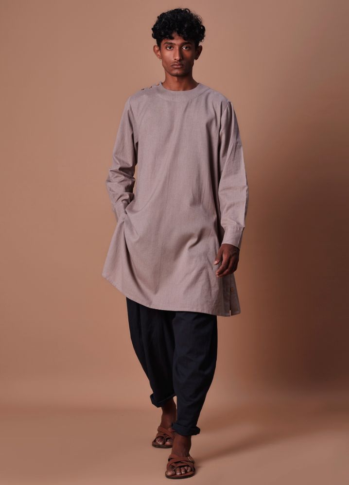 A Model Wearing  Multicolor Pure Cotton Grey Side Buttoned Kurta & Pant Set, curated by Only Ethikal