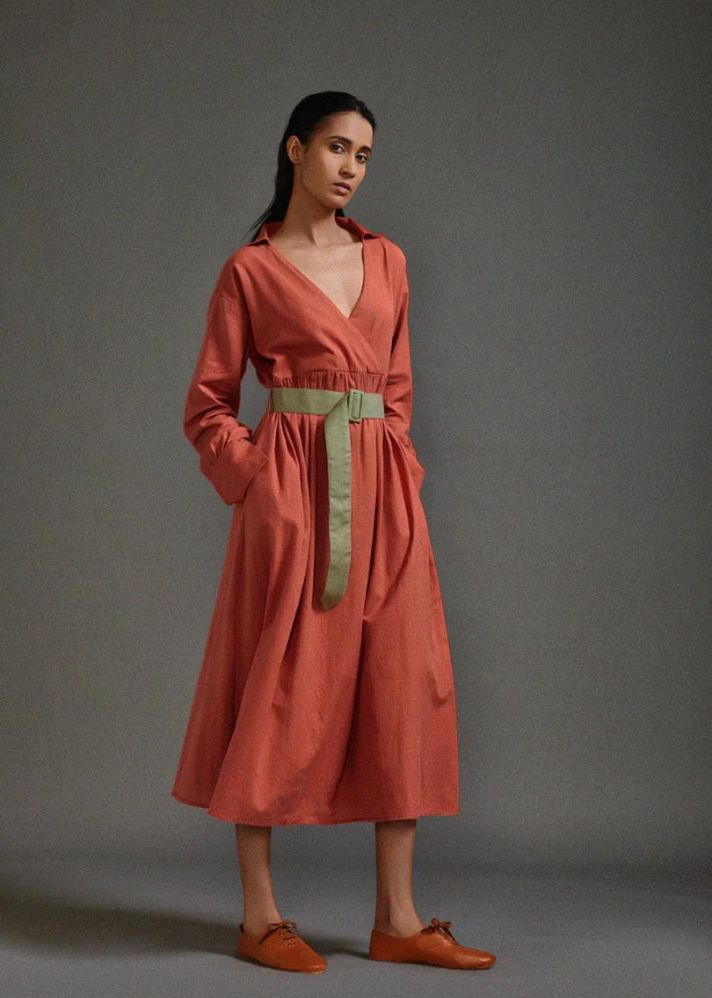 A Model Wearing Rust Handwoven Cotton Safari Belted Dress, curated by Only Ethikal