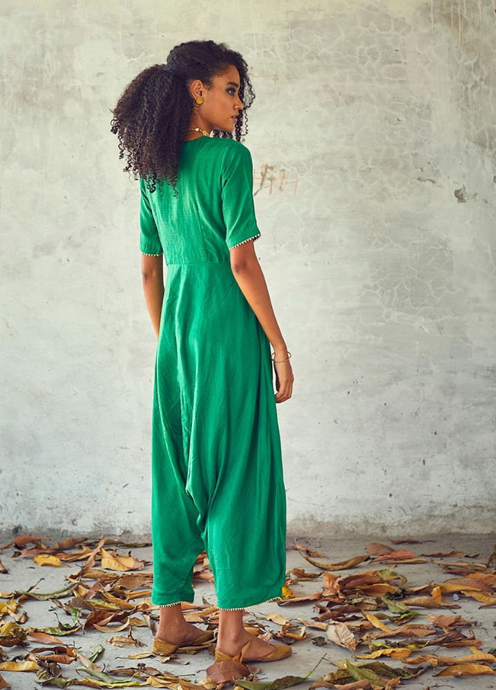 A Model Wearing Green Pure Cotton Neem Jumpsuit, curated by Only Ethikal