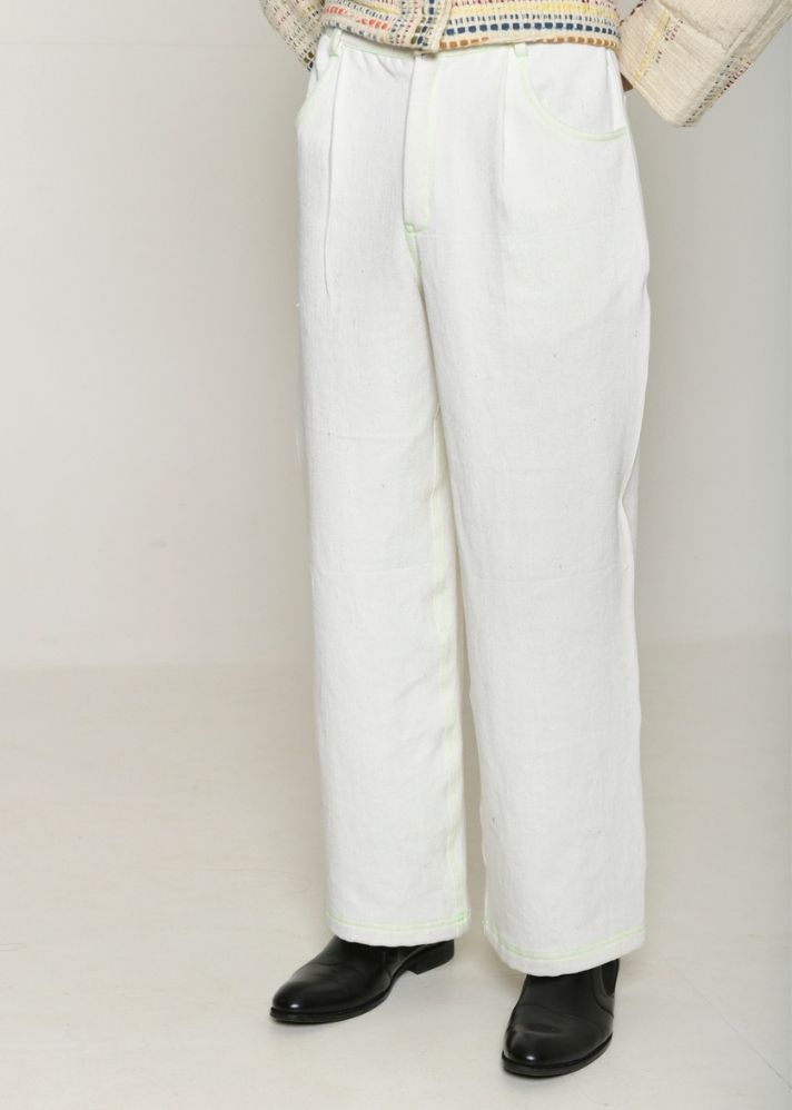 A Model Wearing White Handwoven Cotton Recycle Hibiki White Pants, curated by Only Ethikal