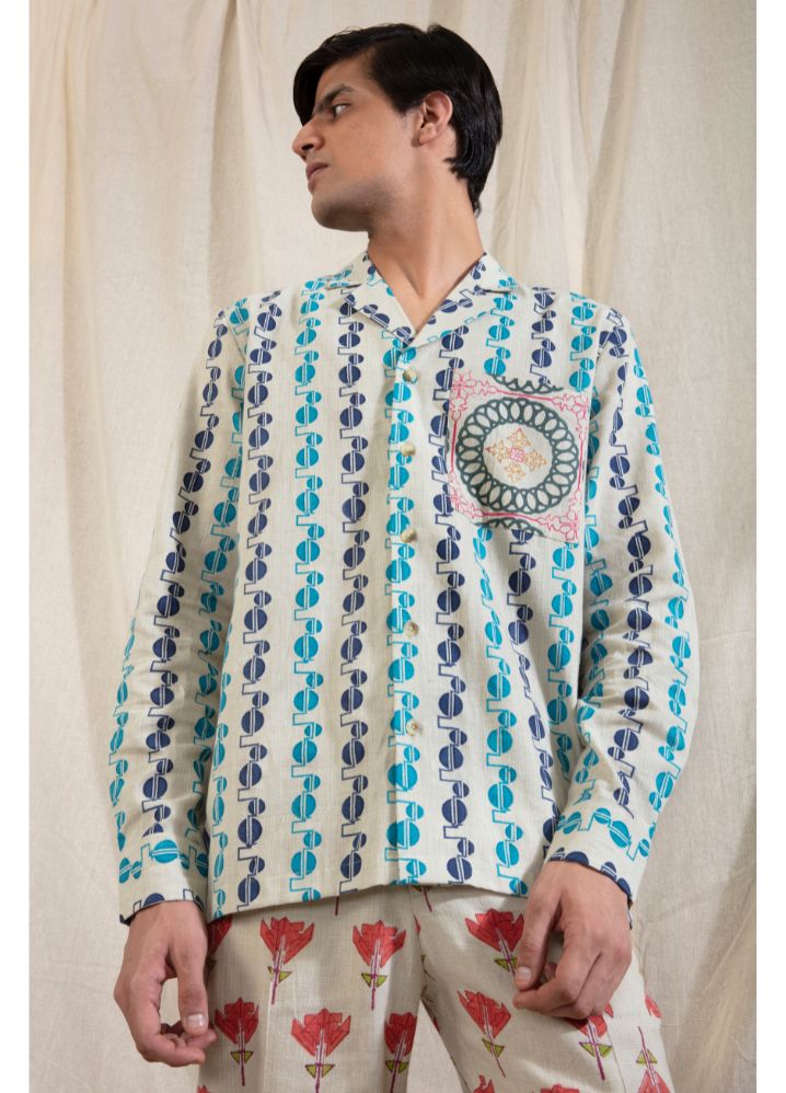 A model wearing Block Printed Multicolor Handwoven Cotton Camp Collar Shirt, curated by Only Ethikal
