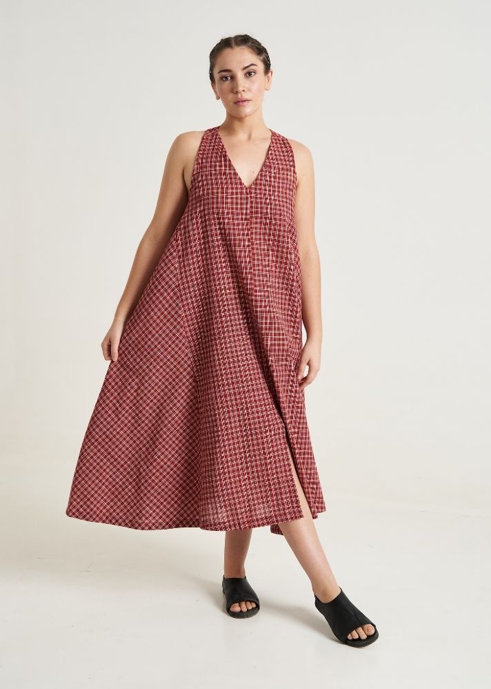 A Model Wearing Multicolor Handwoven Cotton Halter neck gingham dress, curated by Only Ethikal