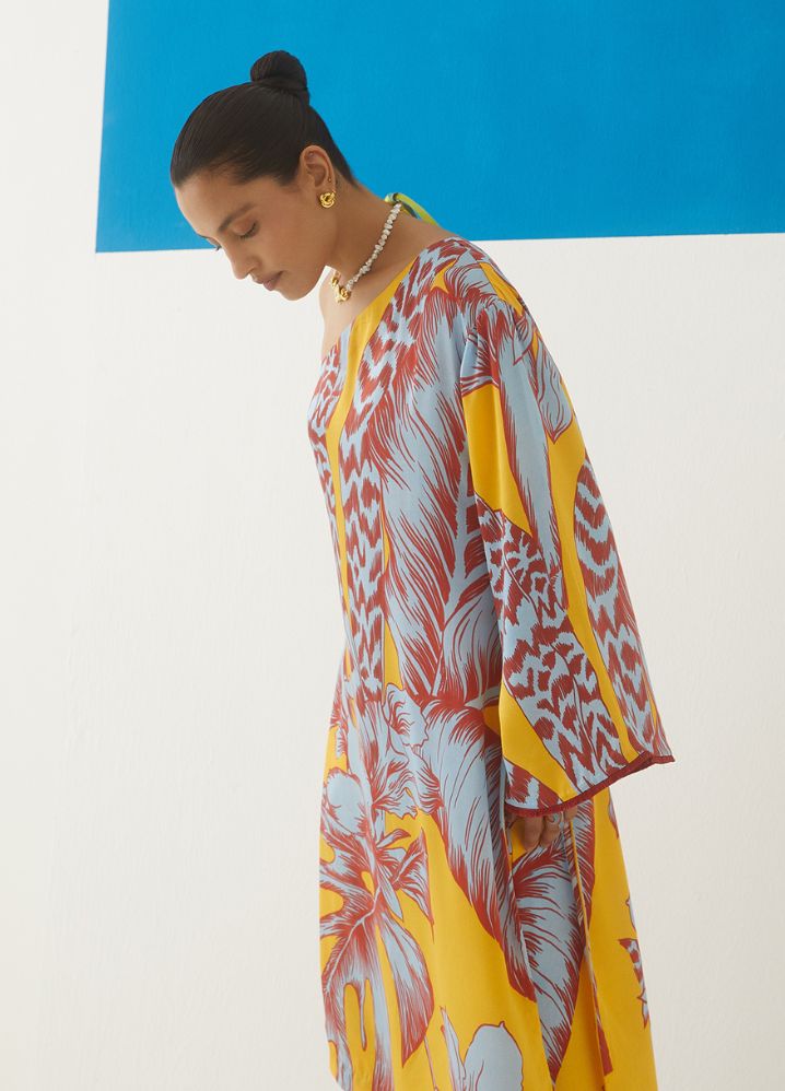 A Model Wearing  Multicolor Bemberg Tropical One Shoulder Kurta With Trousers, curated by Only Ethikal