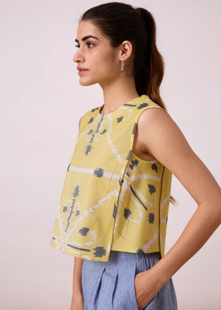 A Model Wearing Multicolor Handwoven Cotton Polam- Yellow Ikat, curated by Only Ethikal